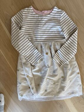 Mini Boden White and Gold Striped Long-Sleeve Tulle Dot Dress